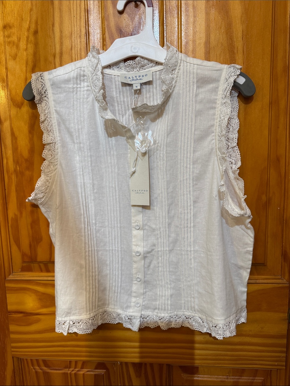 White Lace-Trim Sleeveless Button-Front Blouse